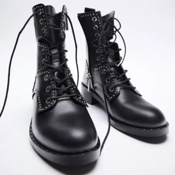 Zara Shoes - Zara Black Leather Lace Up Biker Chelsea Studded Punk Goth Ankle Boots Size 37